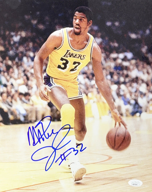 Magic Johnson Autographed Los Angeles Lakers Dribbling 11x14 JSA