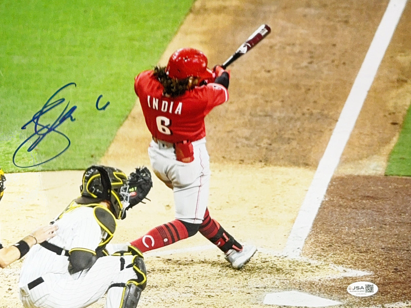 Jonathan India Autographed Cincinnati Reds Batting 11x14 JSA