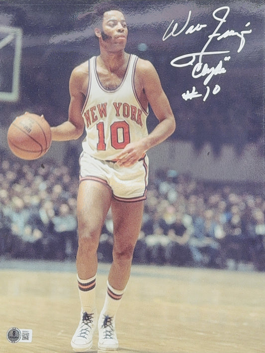 Walt Frazier Autographed New York Knicks 11x14 Dribbling “Clyde #10” Beckett