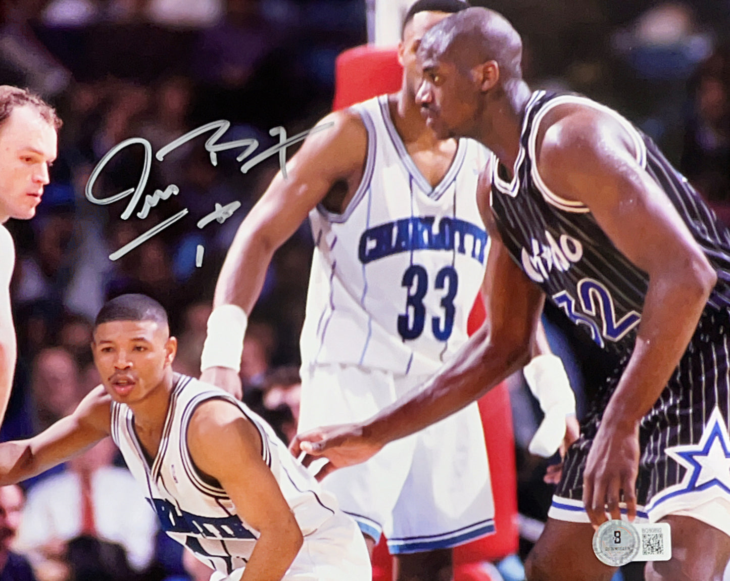 Muggsy Bogues Autographed Charlotte Hornets Against Shaq Silver Ink 8x10 Beckett