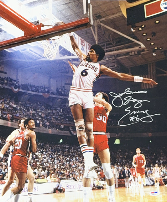 Julius Erving Autographed Philadelphia 76ers Dunk 16x20 PSA