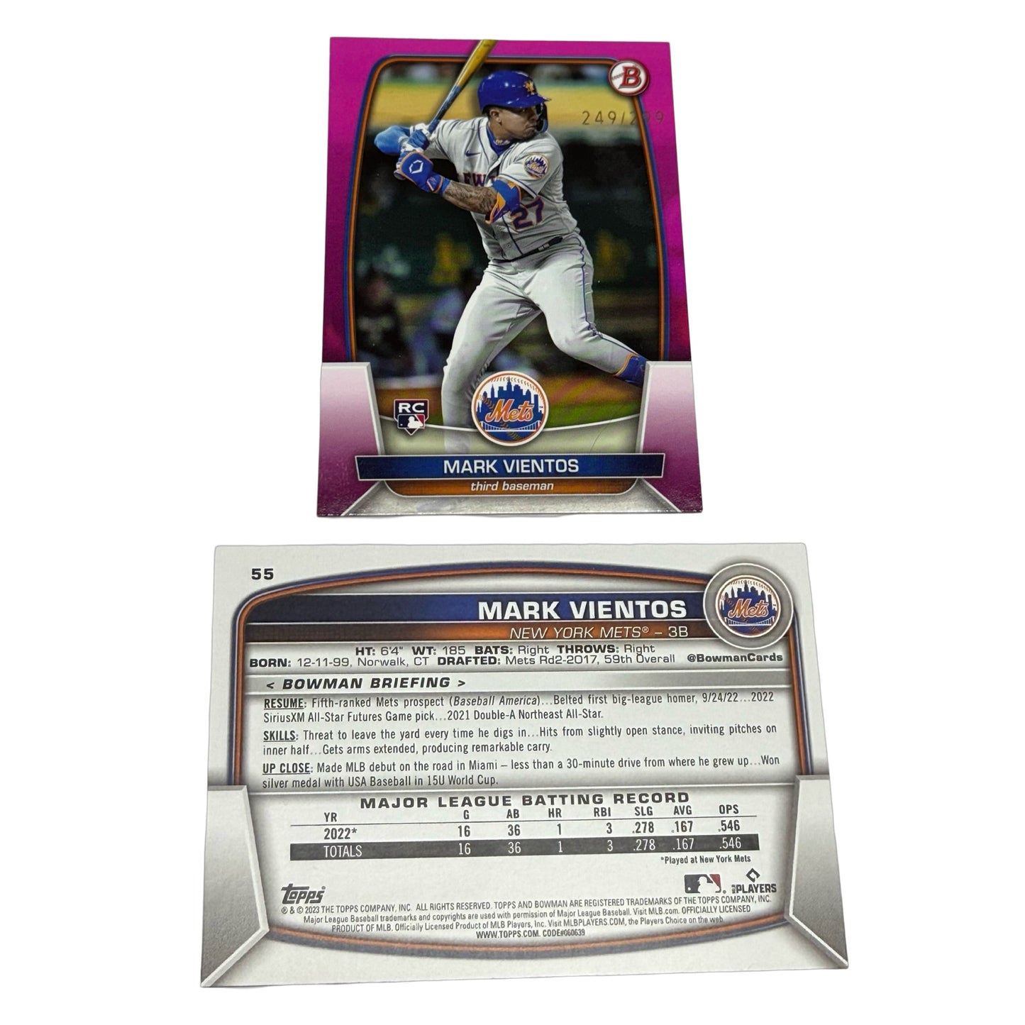 2023 Bowman Mark Vientos RC Rookie Pink Fuchsia /299 #55