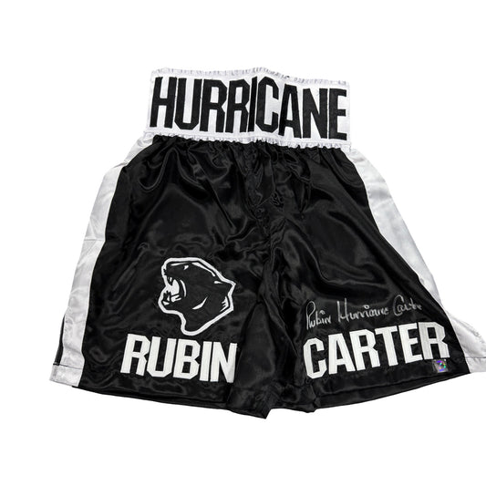 Rubin "Hurricane" Carter Autographed Black Boxing Trunks ASI Proof