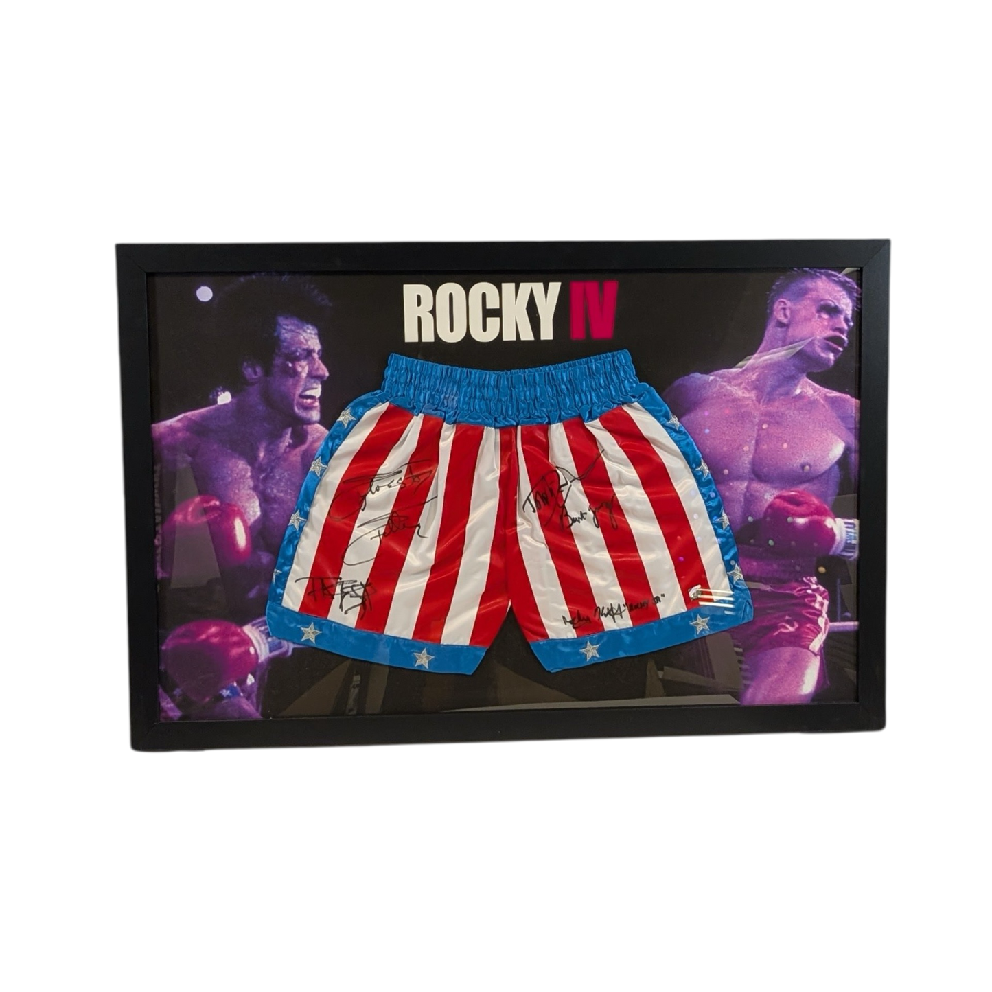 Sylvester Stallone, Shire & Cast Autographed Framed Trunks ASI Proof