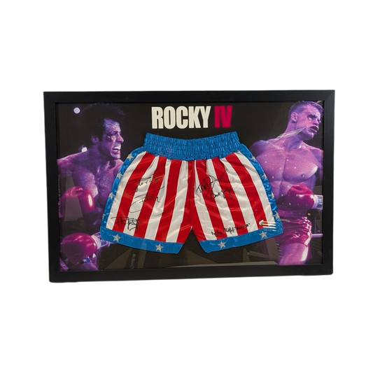 Sylvester Stallone, Shire & Cast Autographed Framed Trunks ASI Proof