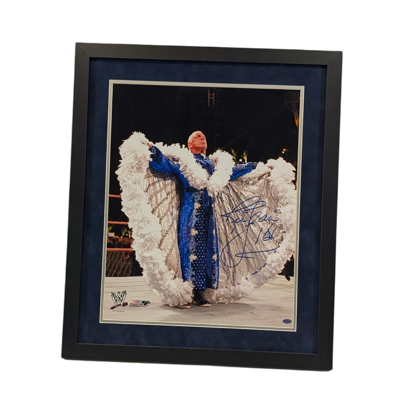 Ric Flair Autographed WWF/WWE White & Blue Robe Framed 16x20 "16X" Inscription Leaf