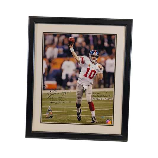 Eli Manning Autographed New York Giants Framed 16x20 "SB XLII MVP, GIANTS 17 PATS 14, 19/34, 255 YARDS, 2TDS" Inscriptions Steiner