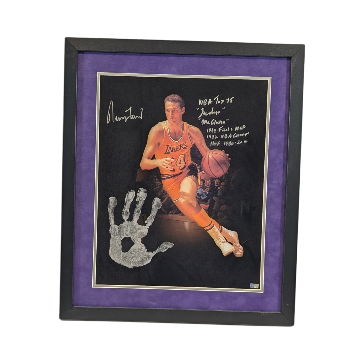 Jerry West Autographed Los Angeles Lakers Blackout Edit Framed 16x20 w/ Handprint "NBA Top 75, The Logo, Mr Clutch, 1969 Finals MVP, 1972 NBA Champ, HOF 1980-2010" Inscriptions Steiner CX