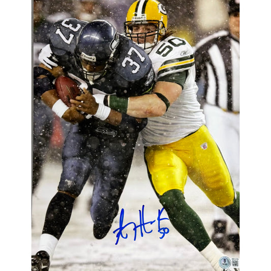 AJ Hawk Autographed Green Bay Packers Tackling Snow 11x14 Beckett BAS