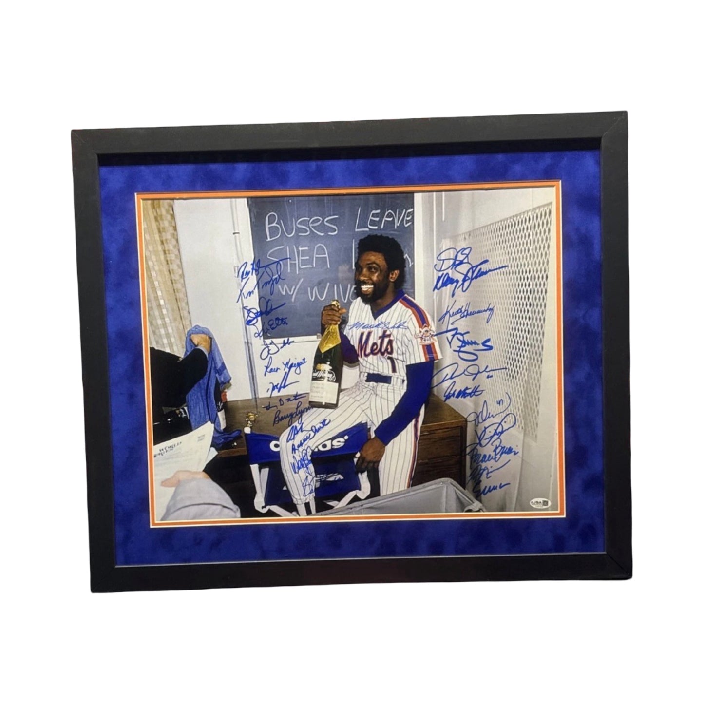 1986 New York Mets Team Autographed Mookie Wilson Champagne 16x20 horizontal JSA - Framed