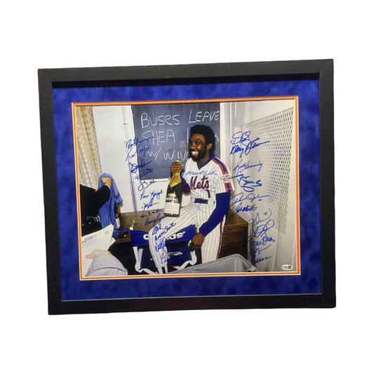 1986 New York Mets Team Autographed Mookie Wilson Champagne 16x20 horizontal JSA - Framed