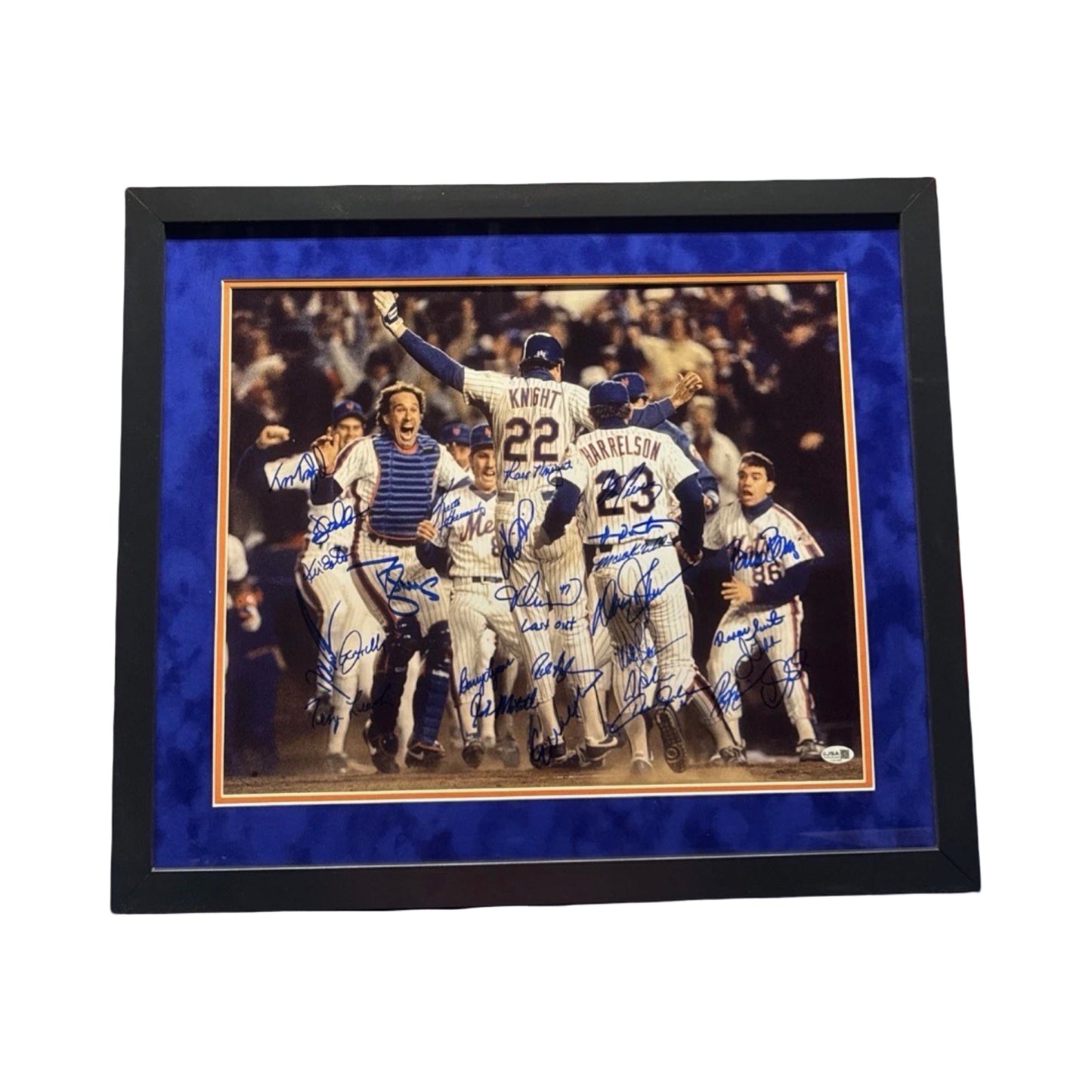 1986 New York Mets Team Autographed Ray Knight Jump Blue Ink 16x20 Framed Horizontal JSA