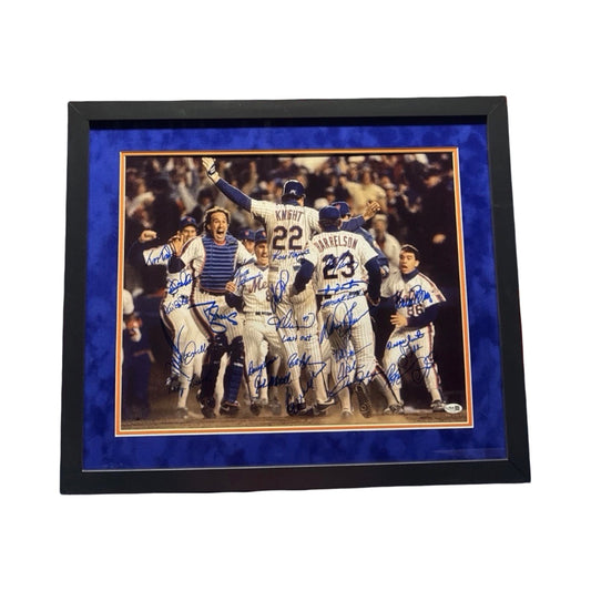 1986 New York Mets Team Autographed Ray Knight Jump Blue Ink 16x20 Framed Horizontal JSA