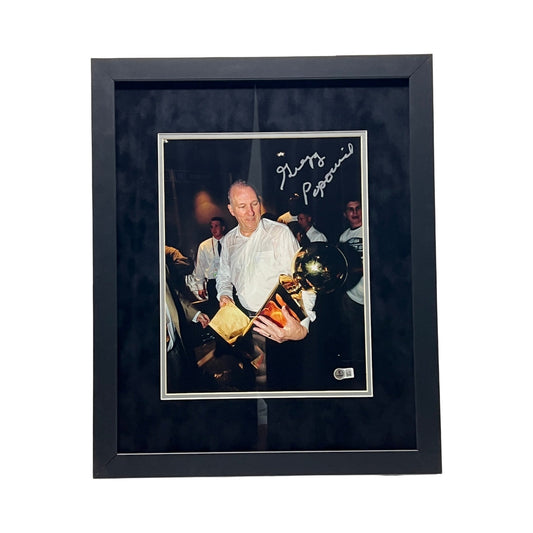 Gregg Popovich Autographed San Antonio Spurs Holding Trophys 11x14 Beckett - Framed
