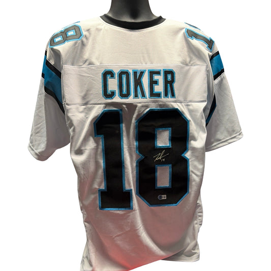 Jalen Coker Signed White Jersey Carolina Panthers Autographed Beckett BAS COA