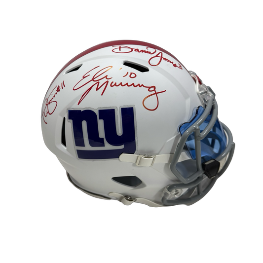 Eli Manning, Phil Simms & Daniel Jones Autographed New York Giants Flat White Replica Helmet JSA