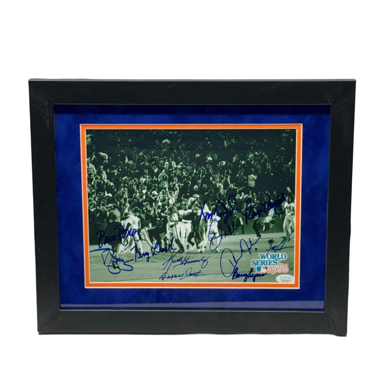 1986 New York Mets Team Autographed World Series Green 8x10 Photo JSA - Framed