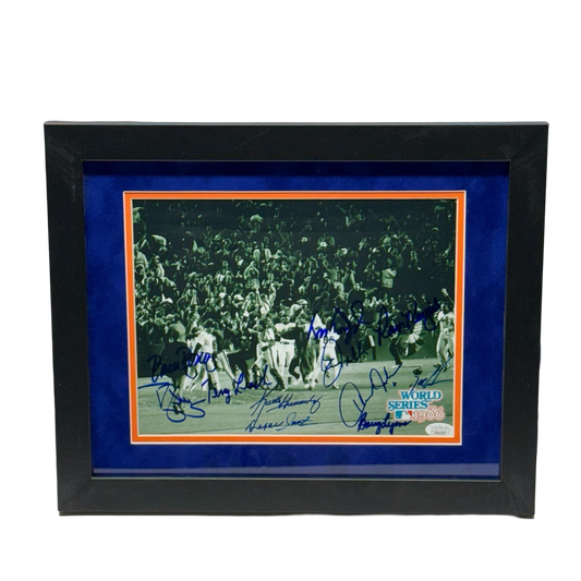 1986 New York Mets Team Autographed World Series Green 8x10 Photo JSA - Framed