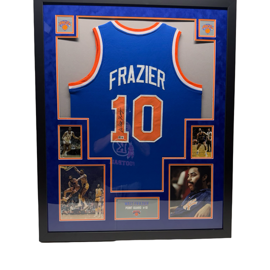 Walt Clyde Frazier Autographed New York Knicks Blue Jersey Beckett BAS - Framed
