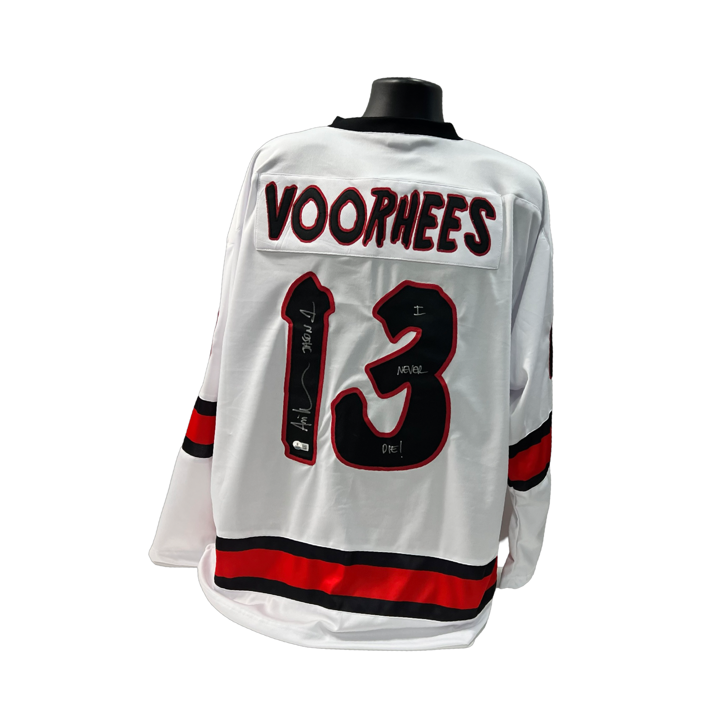 Ari Lehman Autographed Jason Voorhees Friday the 13th White Jersey I Never Die!, Jason 1 Inscriptions Beckett