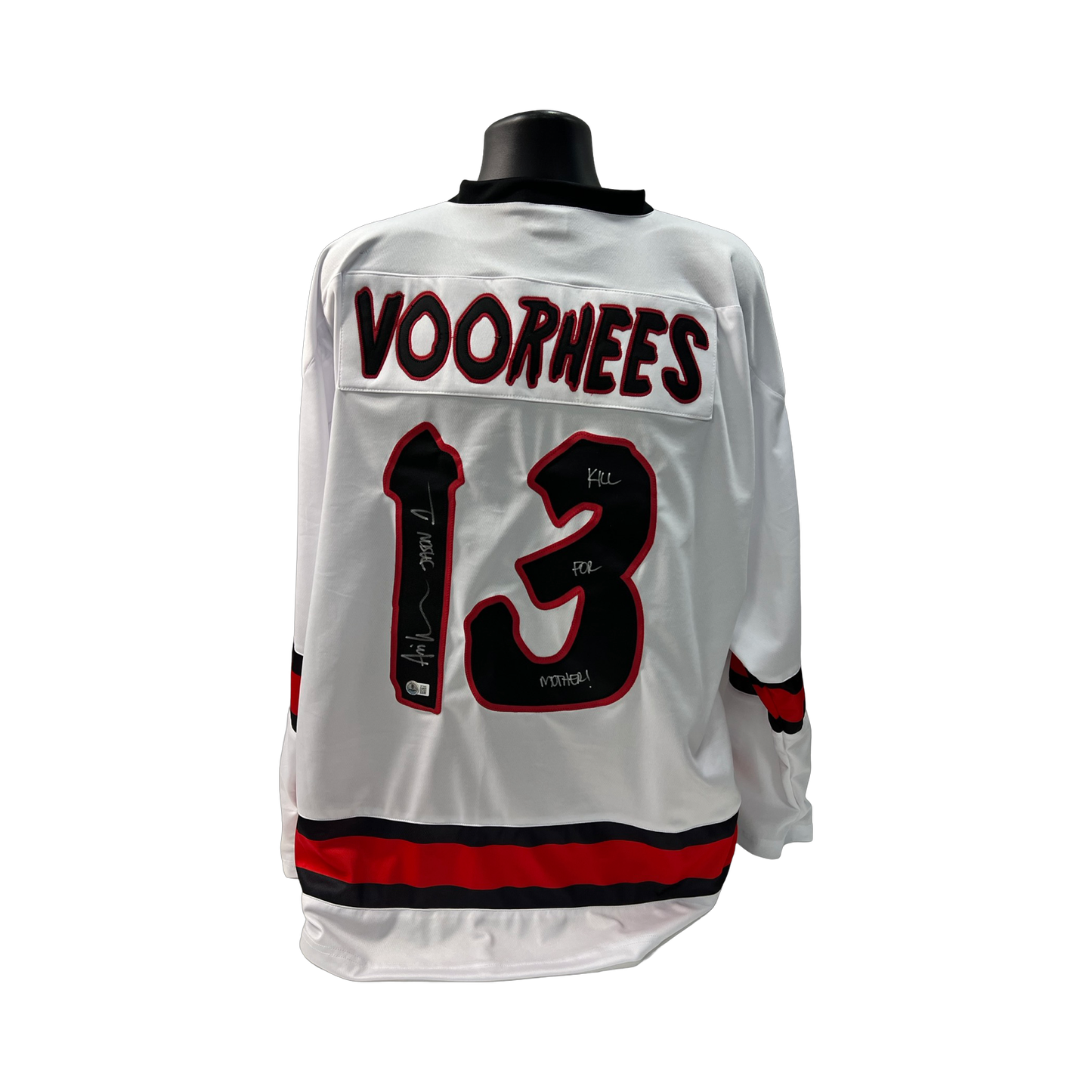 Ari Lehman Autographed Jason Voorhees Friday the 13th White Jersey Kill For Mother! and Jason 1 Inscriptions Beckett