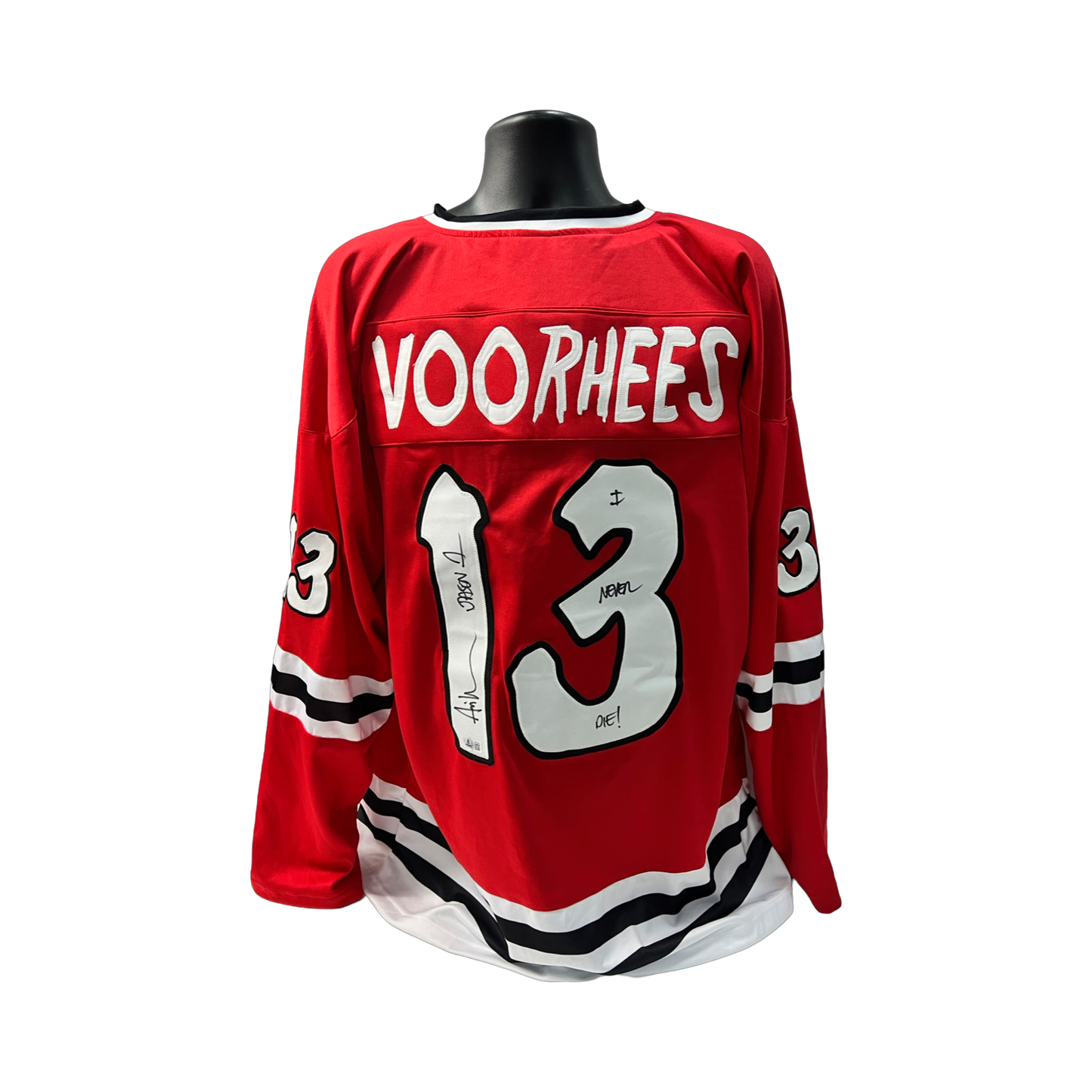 Ari Lehman Autographed Jason Voorhees Friday the 13th Red Jersey I Never Die!, Jason 1 Inscriptions Beckett