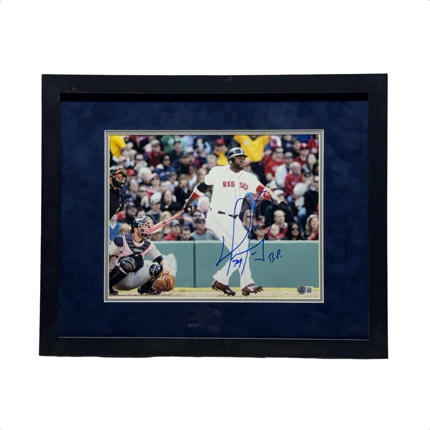 David Ortiz Autographed Boston Redsox "B.P." Inscribed Backswing 11x14 Beckett - Framed