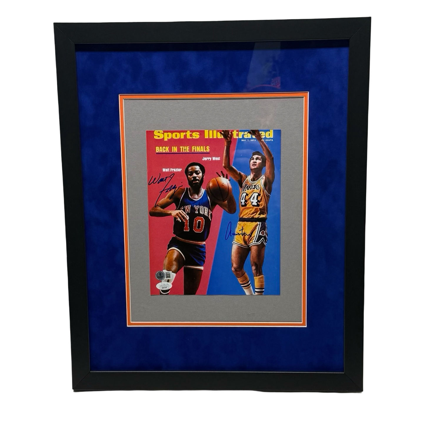 Jerry West & Walt “Clyde” Frazier Autographed Sports Illustrated 8x10 JSA Beckett - Framed Grey Backer