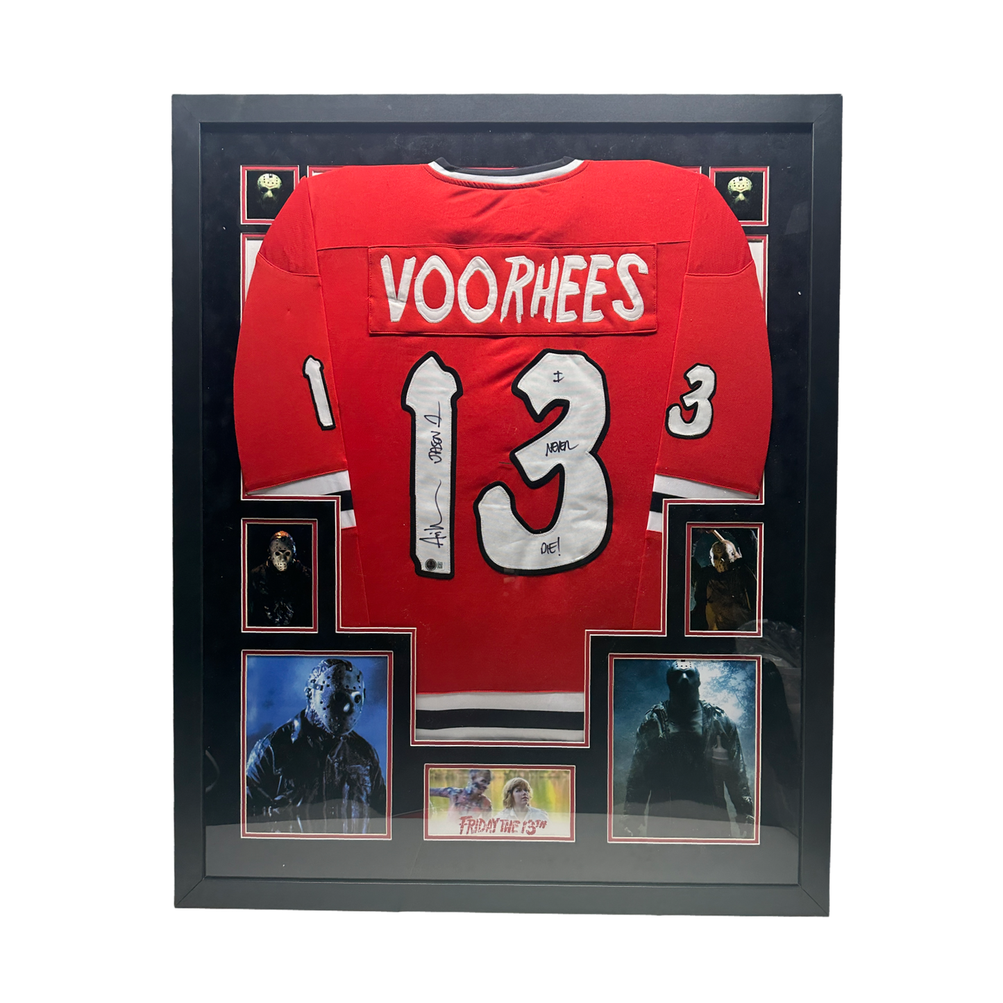 Ari Lehman Autographed Jason Voorhees Friday the 13th Red Jersey I Never Die!, Jason 1 Inscriptions Beckett - Black Suede Framed