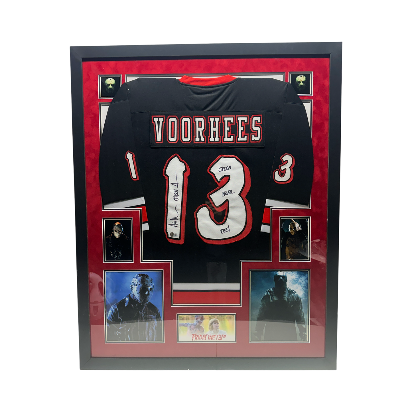 Ari Lehman Autographed Jason Voorhees Friday the 13th Black Jersey I Never Die!, Jason 1 Inscriptions Beckett - Red Suede Framed