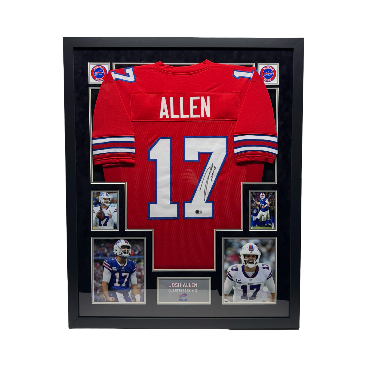 Josh Allen Autographed Buffalo Bills Red Jersey Beckett - Black/Black Suede Framed