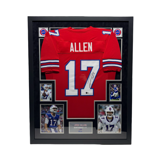 Josh Allen Autographed Buffalo Bills Red Jersey Beckett - Black/Black Suede Framed
