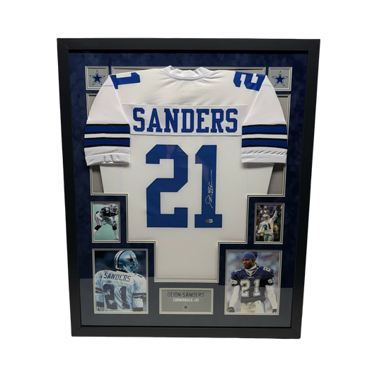 Deion Sanders Autographed Dallas Cowboys White Jersey Beckett - Framed
