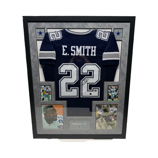 Emmitt Smith Autographed Dallas Cowboys Blue Jersey Beckett - Framed