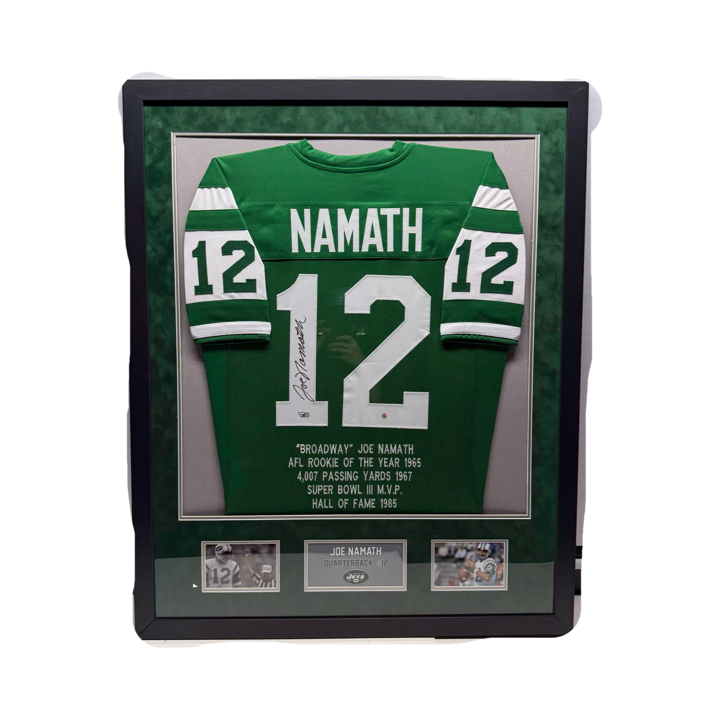 Joe Namath Autographed New York Jets Green Stat Jersey Fanatics COA - Framed