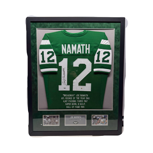 Joe Namath Autographed New York Jets Green Stat Jersey Fanatics COA - Framed