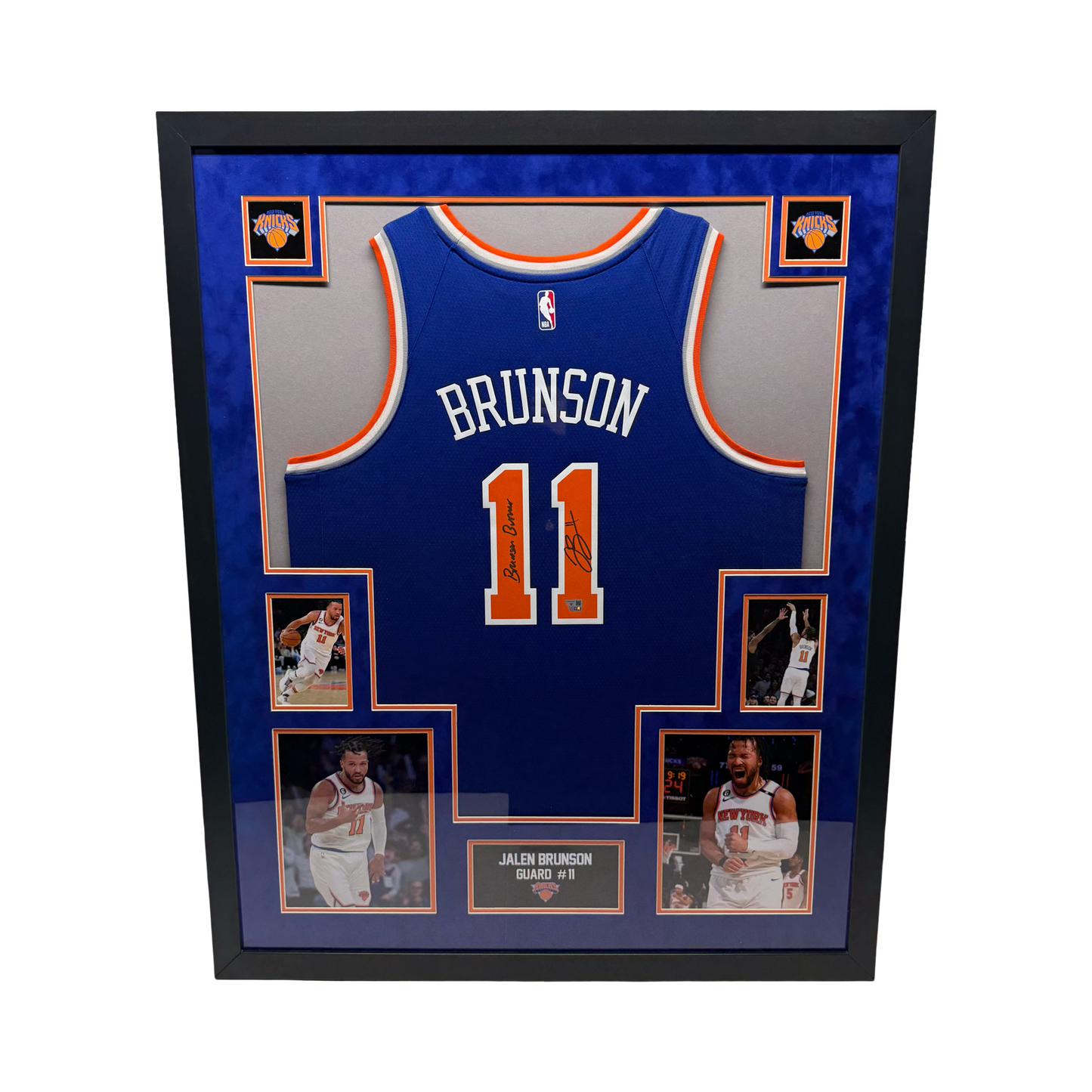 Jalen Brunson Autographed New York Knicks Framed Blue Jersey “Brunson Burner” Blue Mat Fanatics