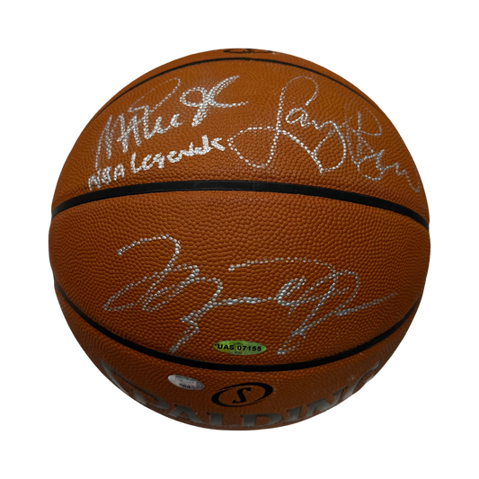 Michael Jordan, Larry Bird & Magic Johnson Autographed Spalding Game Basketball UDA & BAS
