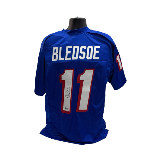 Drew Bledsoe Autographed New England Patriots Blue Jersey Beckett