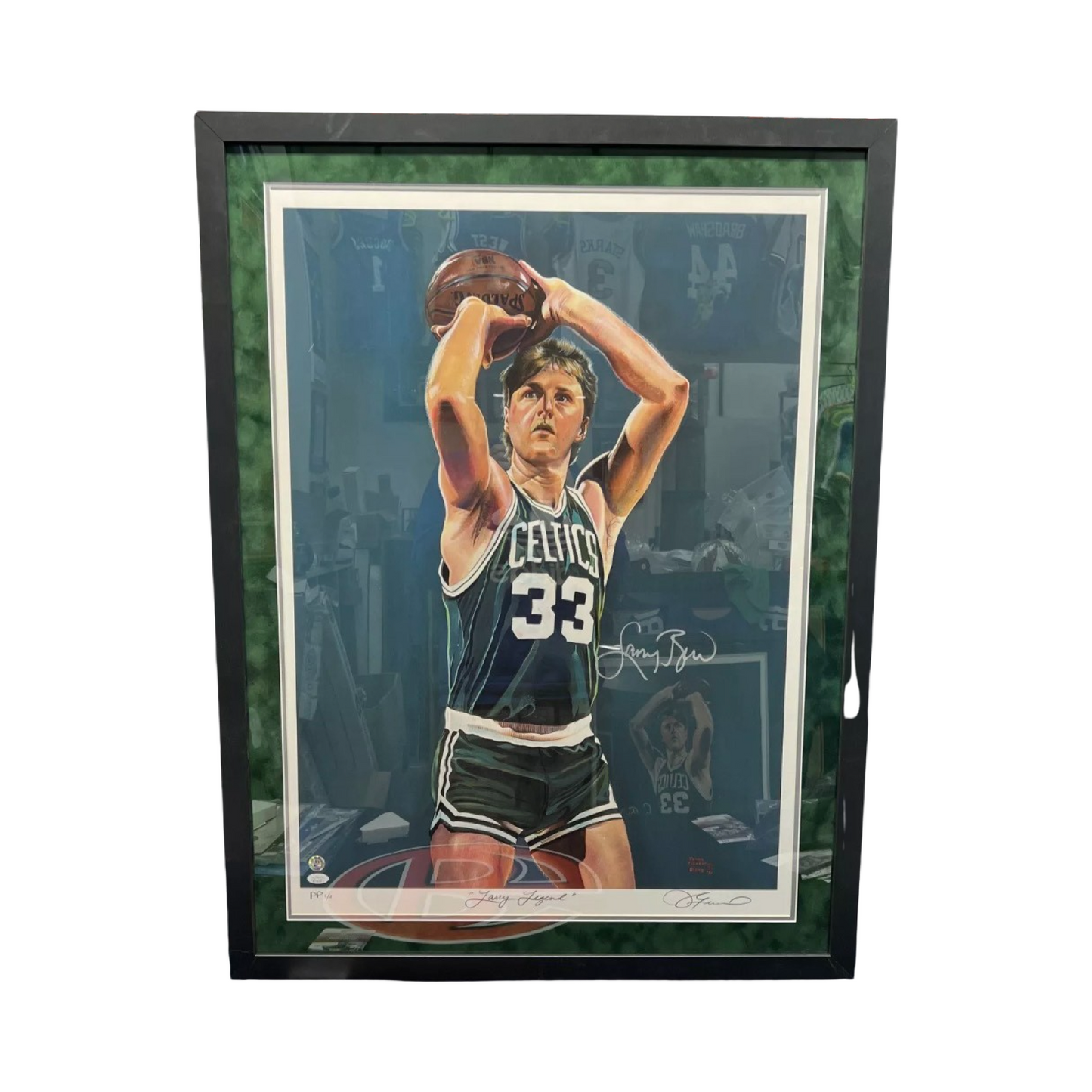 Larry Bird Autographed Framed James Fiorentino Art Lithograph 18/33 PP 1/1 JSA