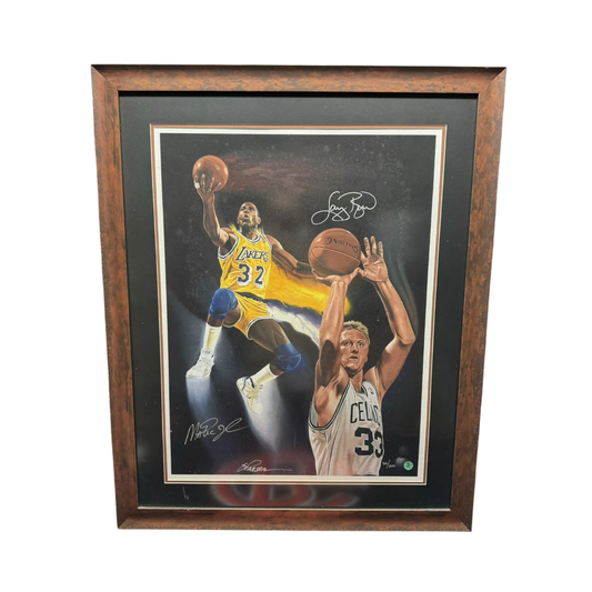 Magic Johnson & Larry Bird Autographed Framed 22x28 Original Art All American COA