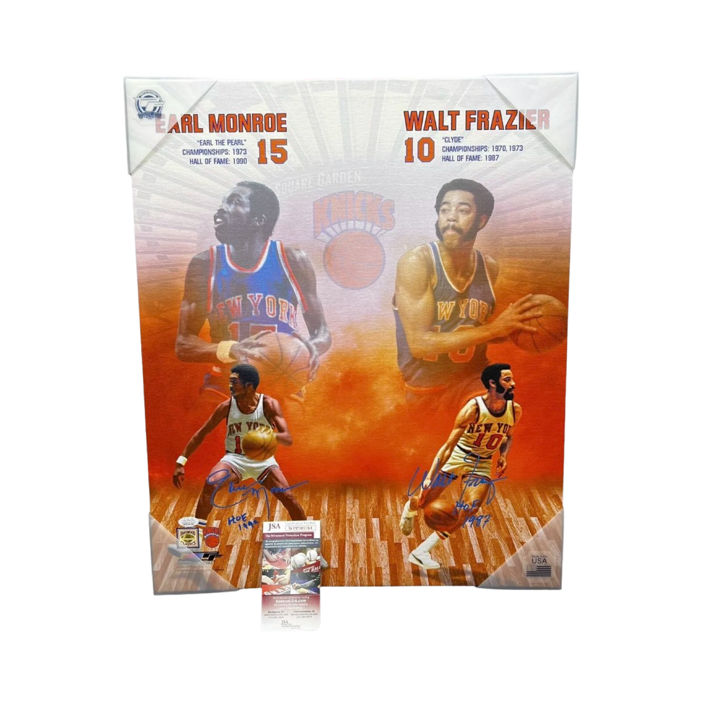 Walt Frazier & Earl Monroe Autographed New York Knicks Vertical Canvas JSA