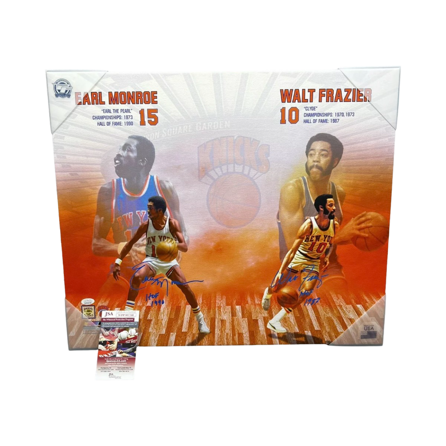 Walt Frazier & Earl Monroe Autographed New York Knicks Horizontal Canvas JSA