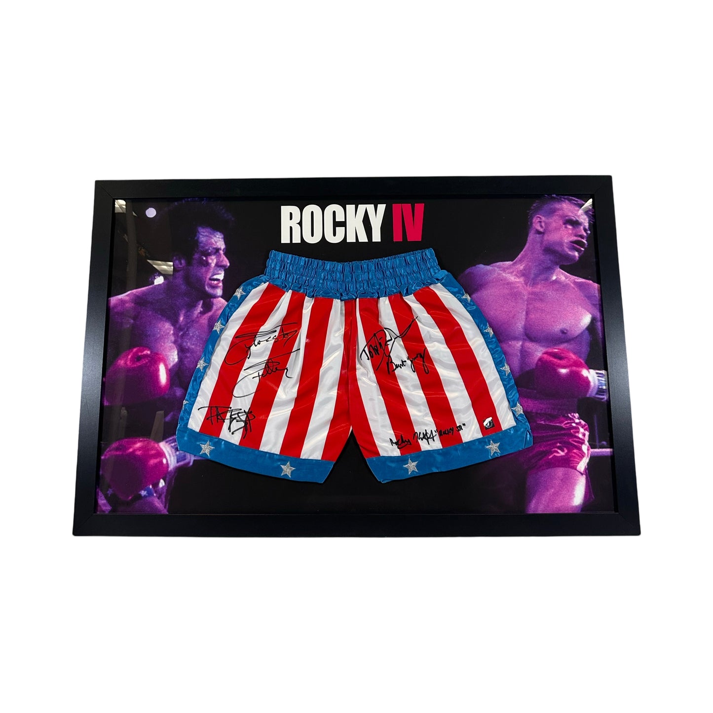 Sylvester Stallone, Talia Shire, Dolph Lundgren, Burt Young, Rocky Krakoff Autographed Rocky IV Framed Trunks ASI Proof