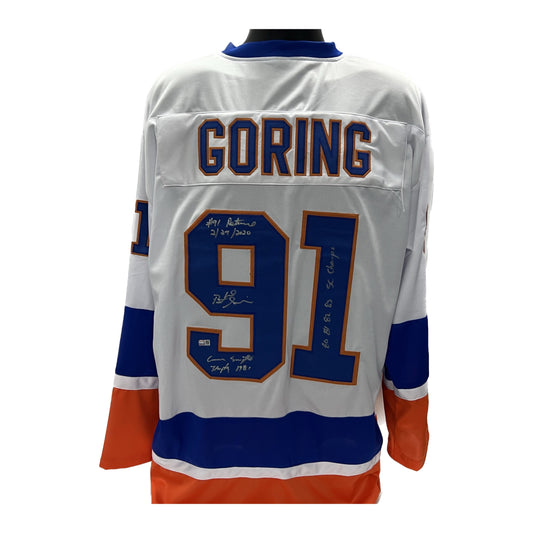 Butch Goring Autographed New York Islanders White "#91 Retired 2/29/2020, Connie Smyth Trophy 1981, 80 81 82 83 SC Champs" Jersey Steiner CX