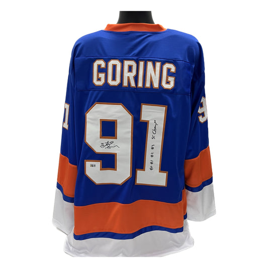 Butch Goring Autographed New York Islanders Blue "80 81 82 83 SC Champs" Jersey Steiner CX