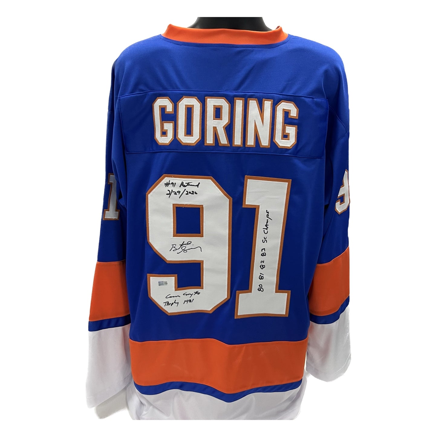Butch Goring Autographed New York Islanders Blue "#91 Retired 2/29/2020, Connie Smyth Trophy 1981, 80 81 82 83 SC Champs" Jersey Steiner CX