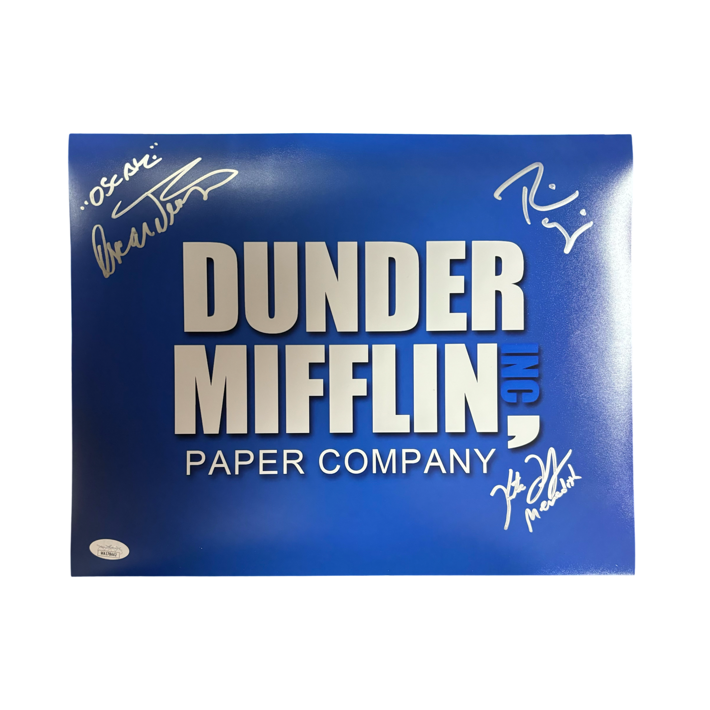 Rainn Wilson, Oscar Nunez & Kate Flannery Autographed The Office Dunder Mifflin Dwight Oscar & Meredith 11x14 JSA