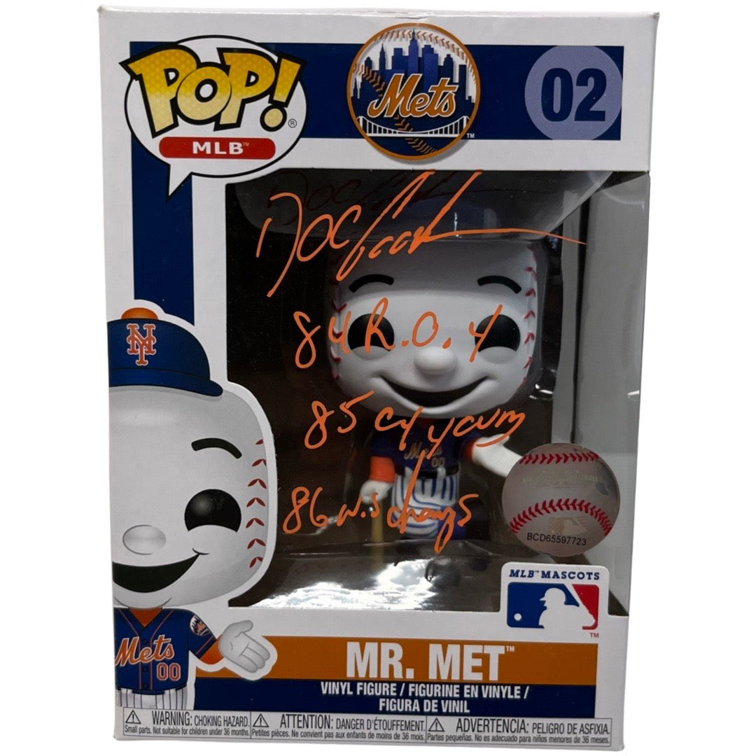 Doc Gooden Autographed New York Mets Mr Met Funko Pop 84 ROY, 85 Cy Young, 86 WS Champs Inscriptions