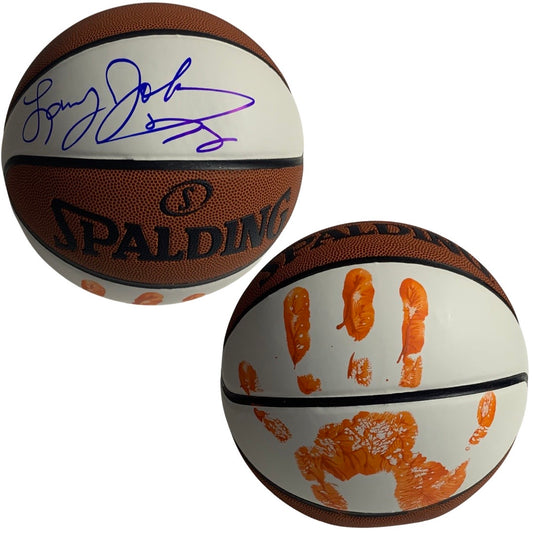 Larry Johnson Autographed New York Knicks Spalding White Panel Basketball w/ Orange Handprint Steiner CX